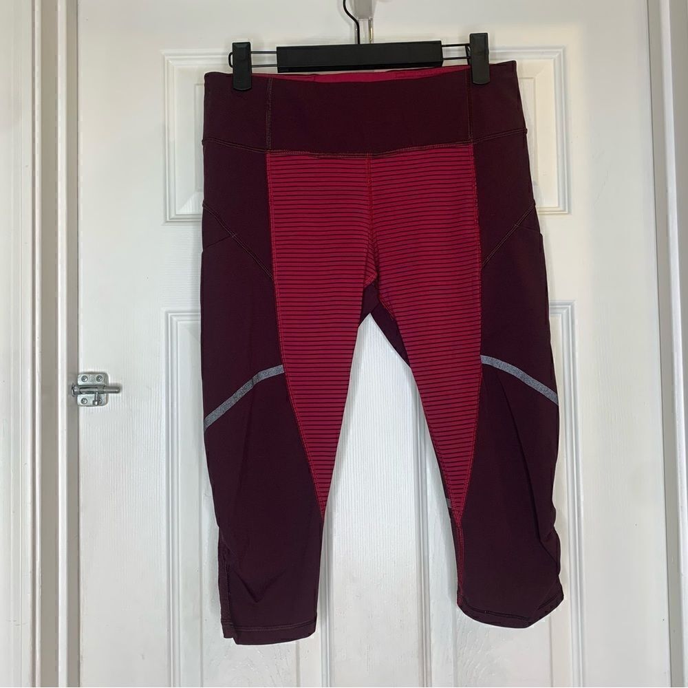 Lululemon Hop To It Crop Run 2 Hip Pockets Red Stripe Bordeaux Size 6